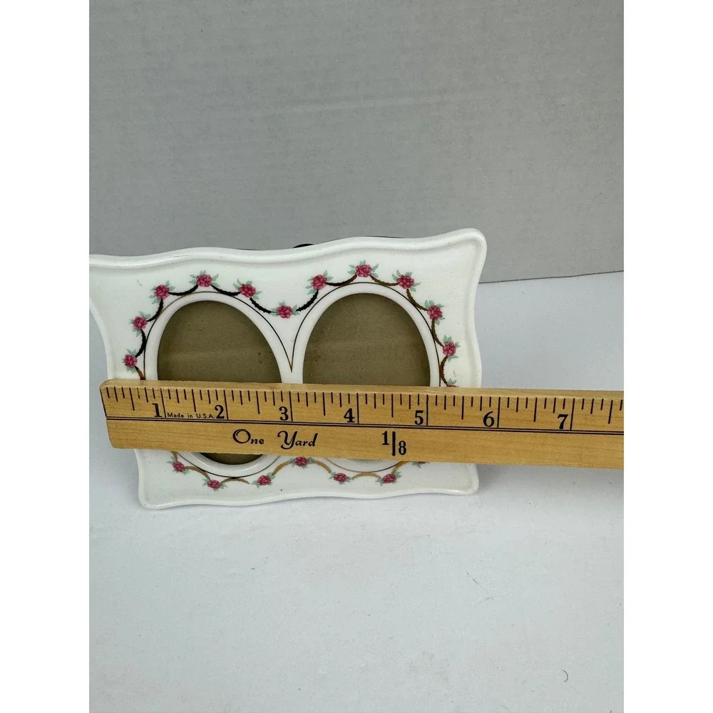 Vintage Ceramic Double Picture Frame Pink Rosebud Floral Scalloped Oval 5x7